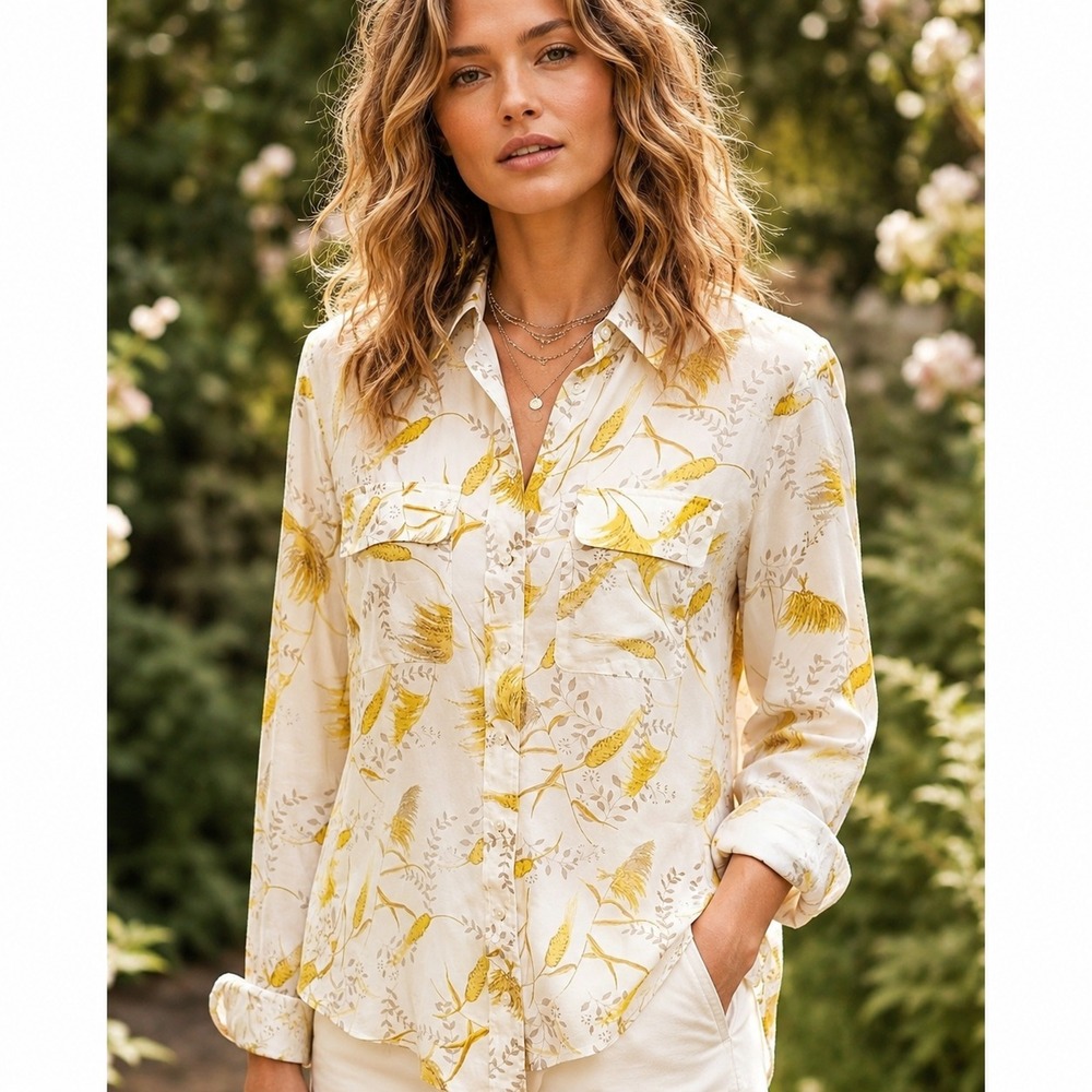 A Loves A 100% Silk Botanical Print Blouse S Quiet Luxury Euro Summer Coastal